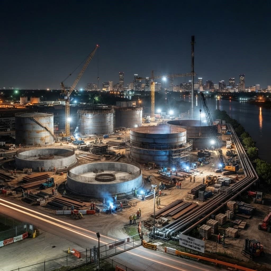 Industrial site at night: storage tanks under construction, cranes and crews at work