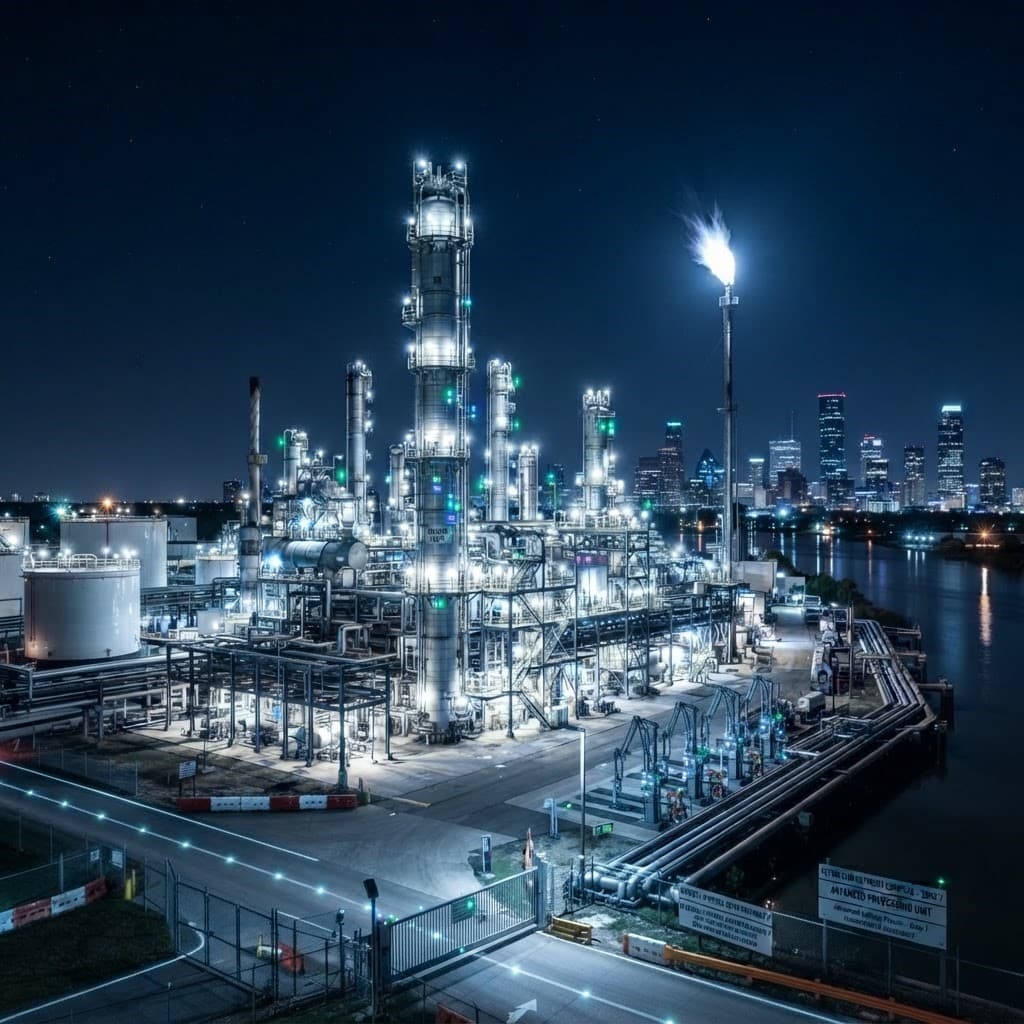 Petrochemical plant at night: lit distillation column, flare stack and pipework along the river